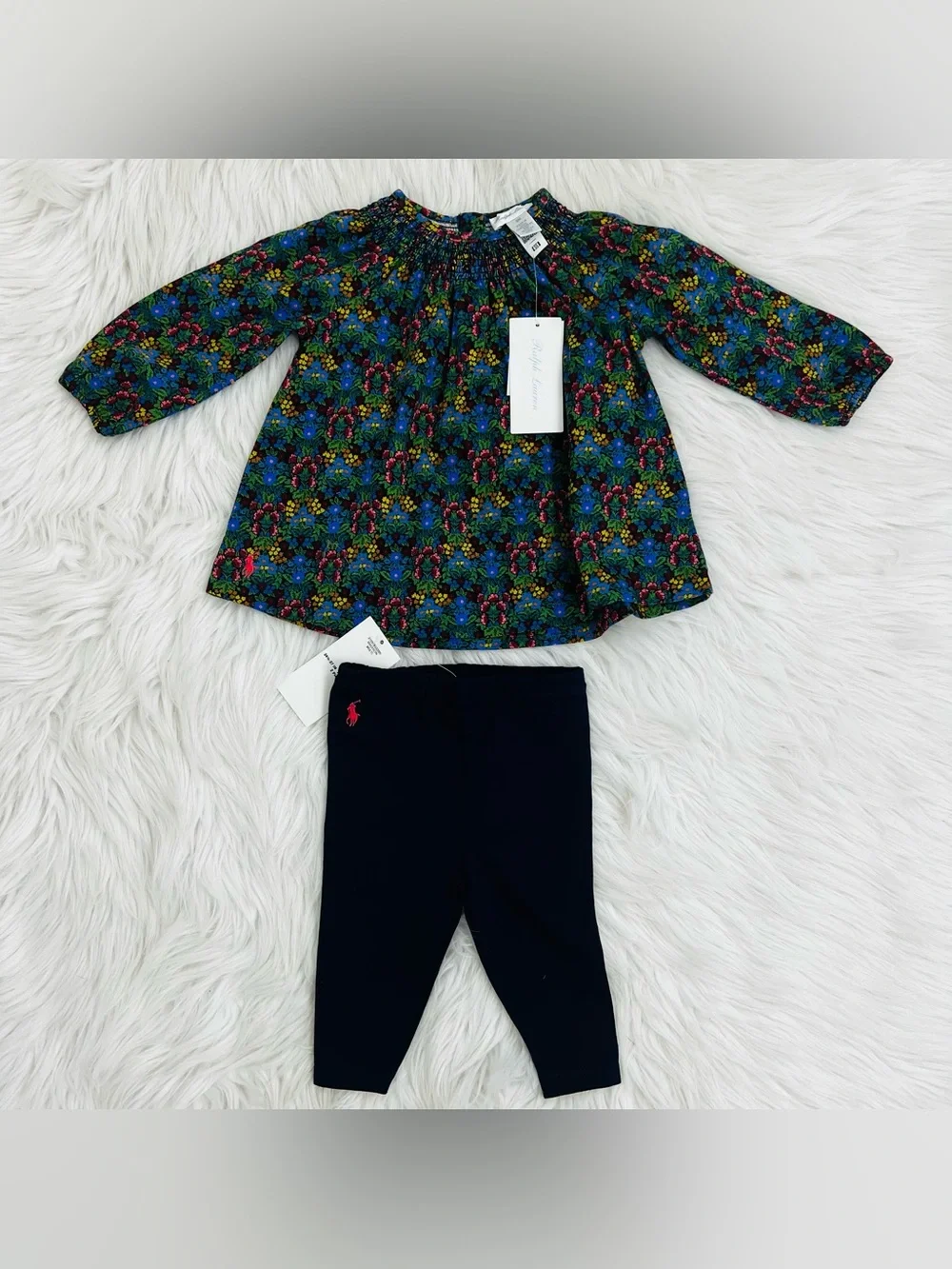 NWT! Ralph Lauren Madison Floral Jersey Top and Bottom Set Navy Blue Sz 6M